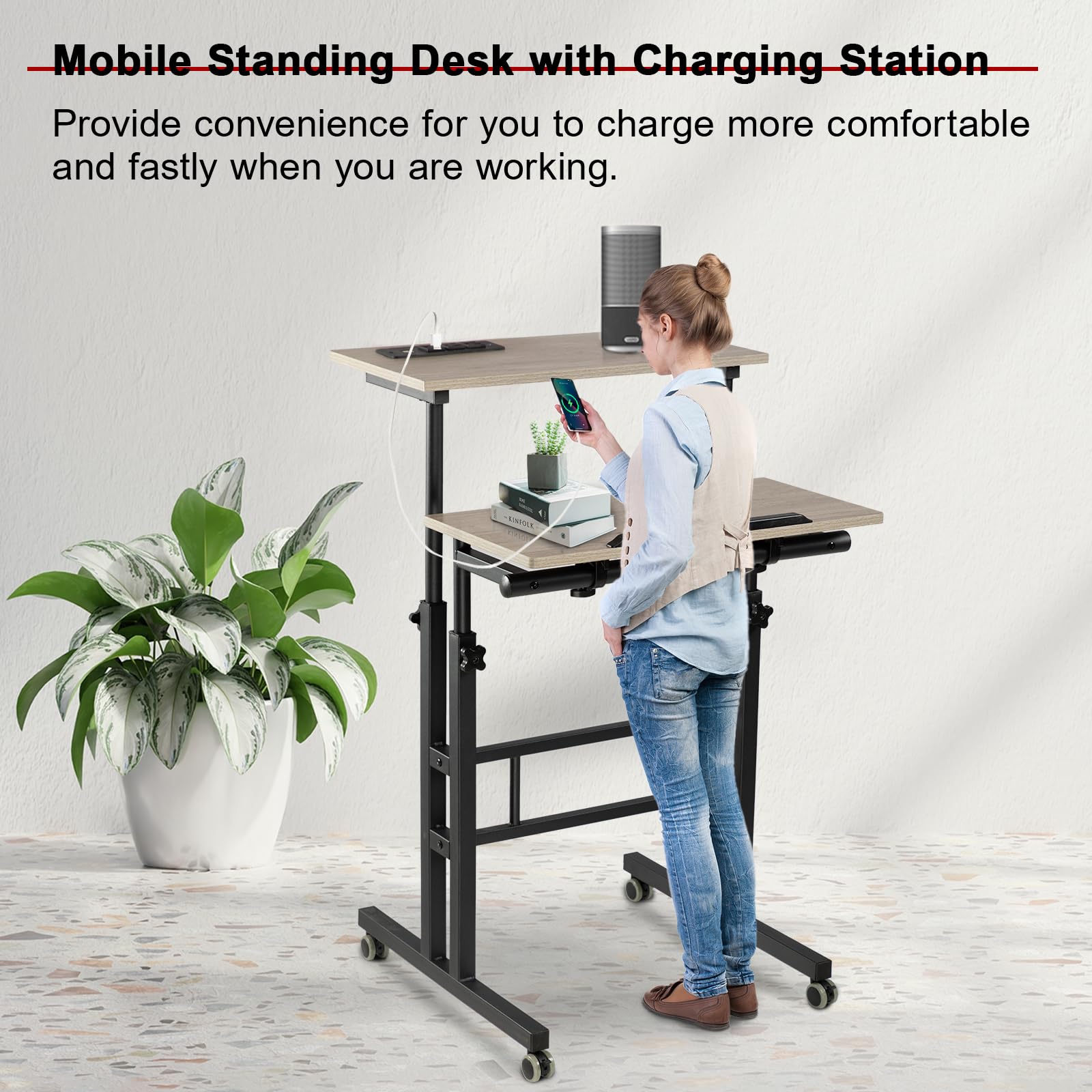 Mobile Standing Desk with Charging Station, Adjustable Standing Computer Desk, Standing Adjustable Laptop Cart with Wheels for Home Office Classroom Light Grey
