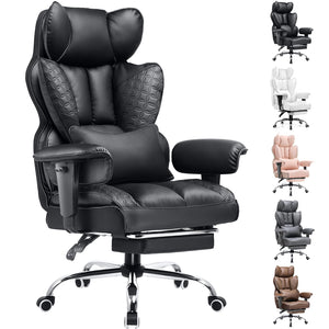 Big and Tall Office Chair Heavy Duty Wide Ergonomic Gaming Chair with Deluxe Embossing Leather with Foot Rest 150°Reclining Adjustable Armrests Pocket Spring Back Support and Without Pillow