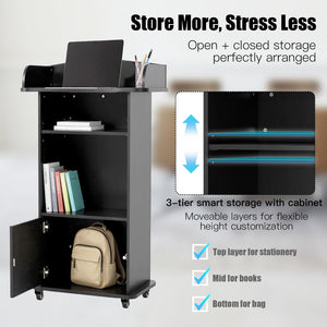 Podium Stand Portable with Wheels, Classroom Lectern for Teacher with Adjustable Storage Shelf, Mobile Rolling Church Pulpits, Office Wooden Reception Desk, Host Stand for School Conference（Black）