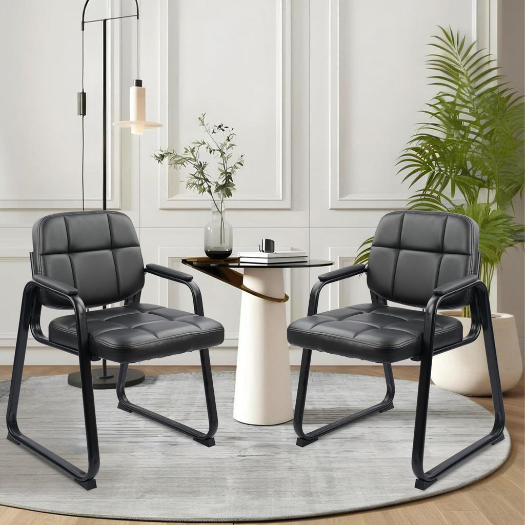 Waiting Room Guest Chair with Bonded Leather Padded Arm Rest for Office Reception and Conference Desk Black with Sled Base 4 Pack