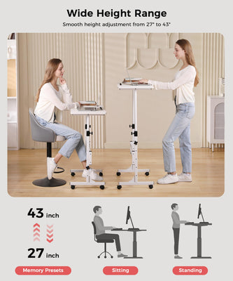 Standing Desk Adjustable Height, Mobile Stand Up Desk with Wheels Small Computer Desk Rolling Desk, Portable Laptop Desk White Standing Table Home Office Desks 16