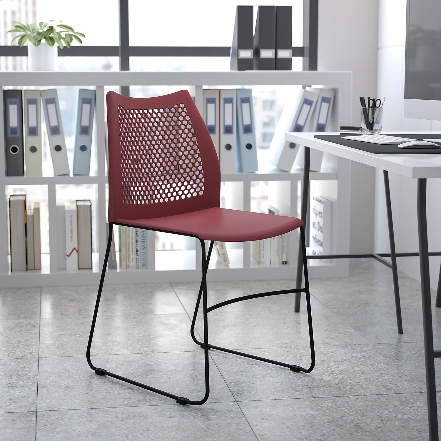 HERCULES Series 661 lb. Capacity Burgundy Stack Chair with Air-Vent Back and Black Powder Coated Sled Base