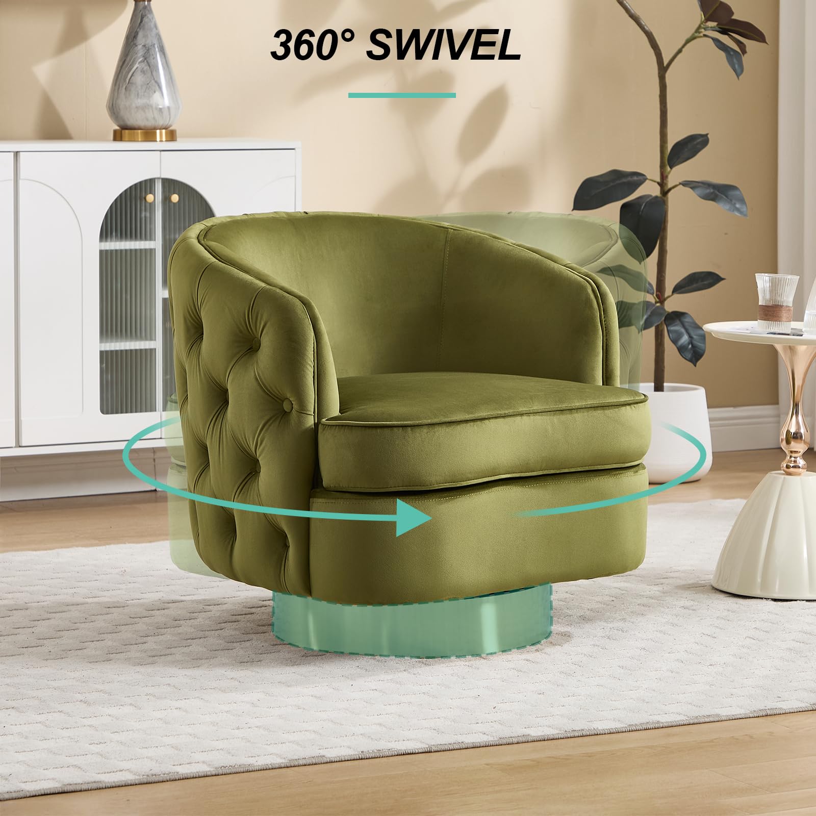 Set of 2 Modern Accent Chairs, Swivel Barrel Armchairs for Living Room, Button Tufted Velvet Comfy Chair, Round Upholstered Single Sofa Seating with Gold Base, Green