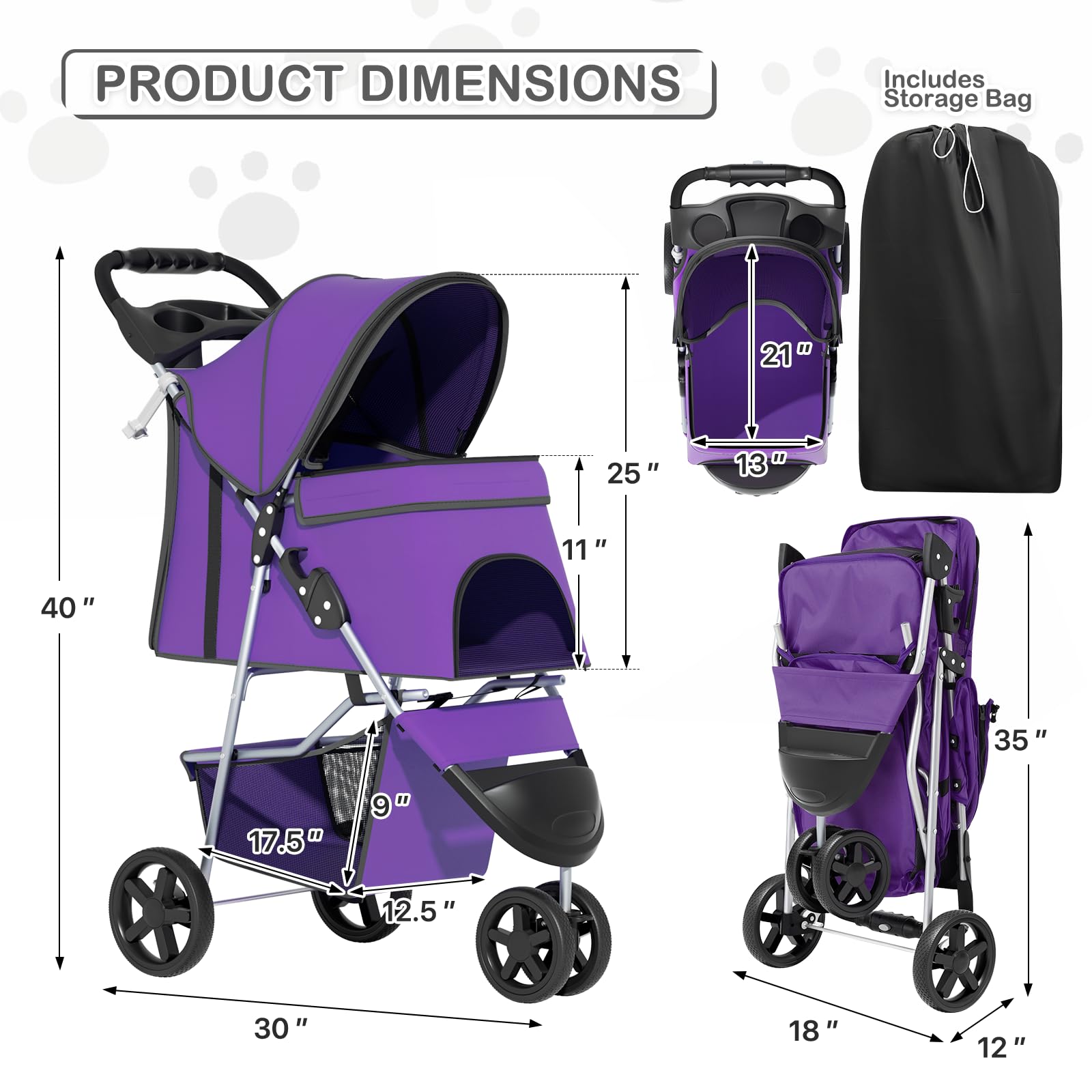 3 Wheels Pet Dog Cat Stroller for Small Medium Dogs Cats, Lightweight Foldable Jogger Stroller w/Storage Basket and Cup Holder, Purple