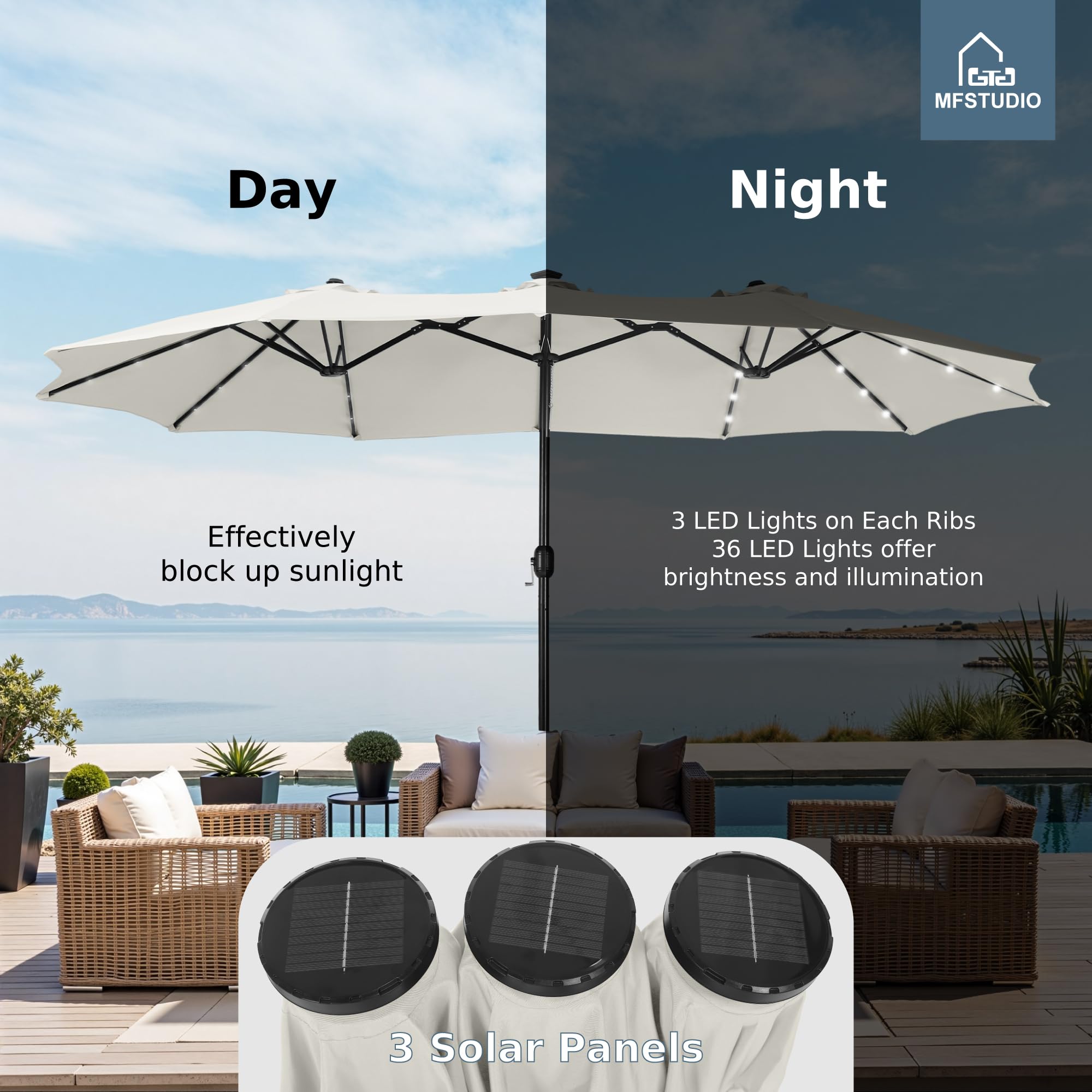 15ft Double Sided Patio Umbrella with Solar Lights, Outdoor Large Umbrellas with Crank Handle and 36 LED Lights, Rectangular Market Umbrella with Base Included for Deck Pool Shade, Ivory