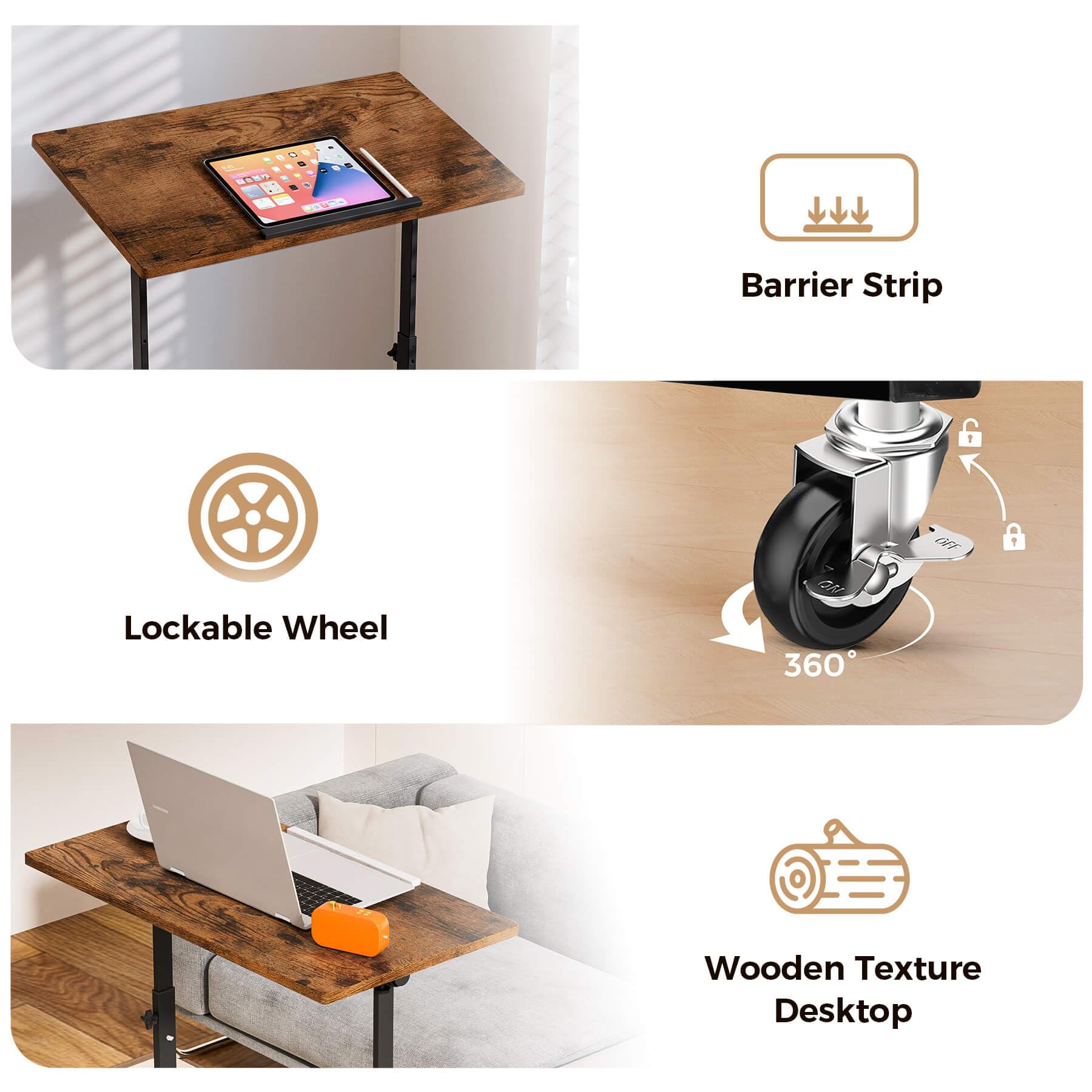 Standing Desk Adjustable Height & Tiltable Tabletop, Portable Stand Up Desk for Laptop, Mobile Folding Desk for Home Office Work and Walking Pad Treadmill, Height 30.7"-46.4", Brown