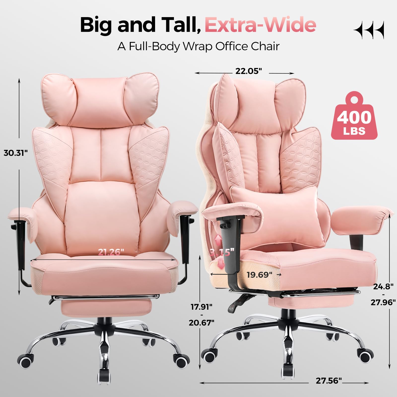 Desk Office Chair Big and Tall Office Chairs Ergonomic Gaming Chairs with Wide Seat Leather High Back Chair with Foot Rest Adjustable Armrests Pocket Spring Lumbar Support