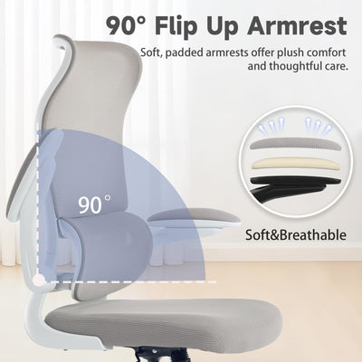 Ergonomic Office Chair with Adjustable Lumbar Support, Mesh Back, Flip-Up Arms, Rocking Mode with Tension Control, 300 lbs Weight Capacity, Black and White (White)