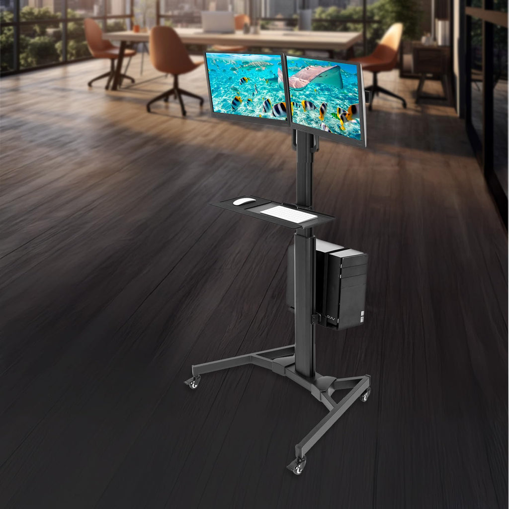 Dual Monitor Computer Cart – Mobile Standing Desk with Wheels, Rolling Workstation with Keyboard Tray, CPU Holder, and Adjustable Screen Mount for Office, Medical, or Warehouse