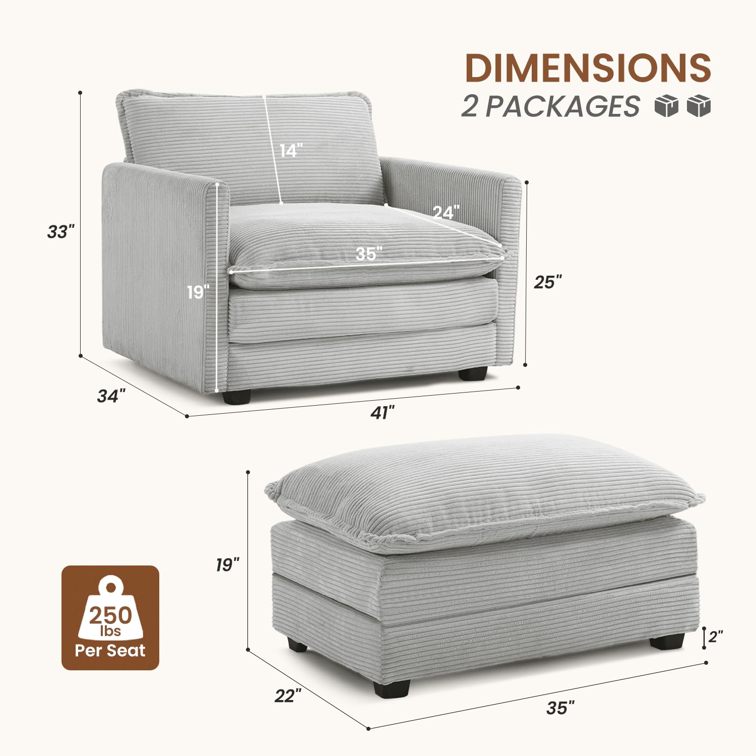 Single Armchair with Ottoman, Modern Corduroy Cloud Couch with Convertible Chaise, Upholstered Sofa Set for Living Room, Light Grey