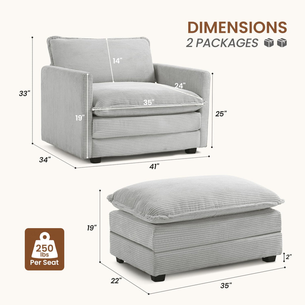 Single Armchair with Ottoman, Modern Corduroy Cloud Couch with Convertible Chaise, Upholstered Sofa Set for Living Room, Light Grey