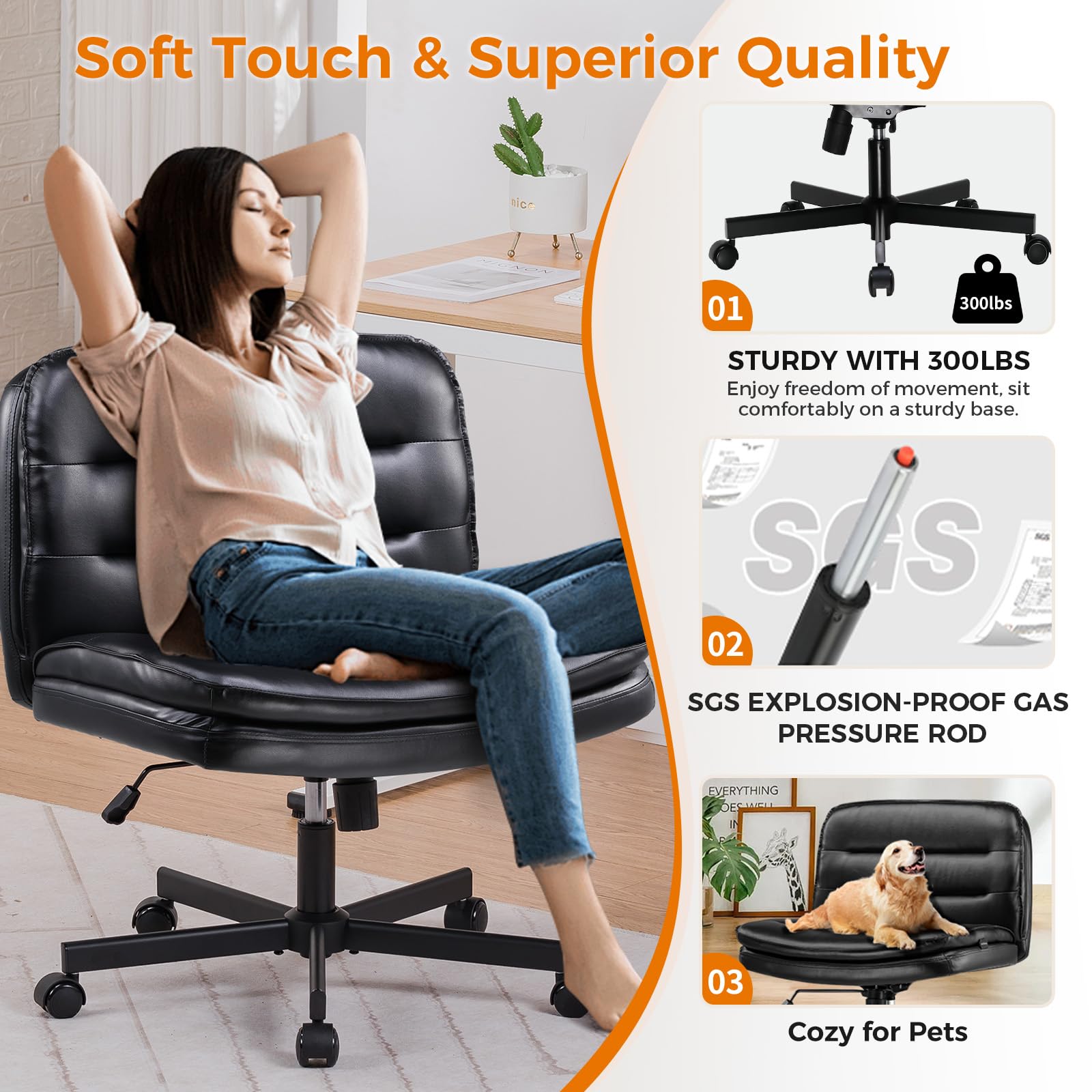 Criss Cross Chair with Wheels Armless Cross Legged Office Chair Wide Home Office Desk Chair Swivel Comfy Vanity Desk Chair Height Adjustable Mid Back Wide Seat Computer Task Chair