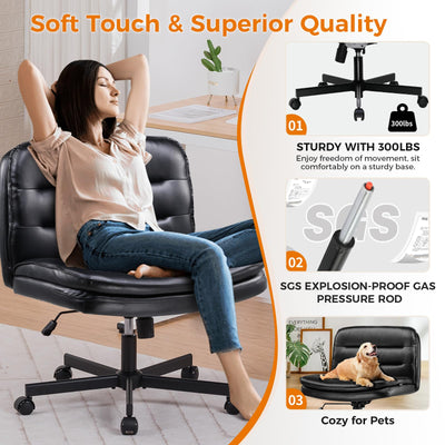 Criss Cross Chair with Wheels Armless Cross Legged Office Chair Wide Home Office Desk Chair Swivel Comfy Vanity Desk Chair Height Adjustable Mid Back Wide Seat Computer Task Chair