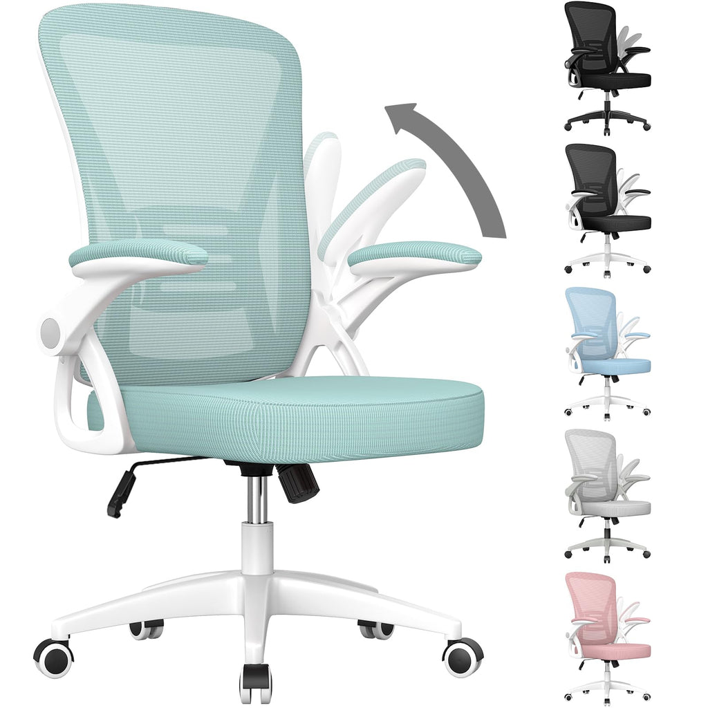 Ergonomic Office Chair, Computer Chair with Adjustable Height, Flip-Up Arms and Lumbar Support, Breathable Mesh Desk Chair for Home Study Working (Without Headrest, Green)