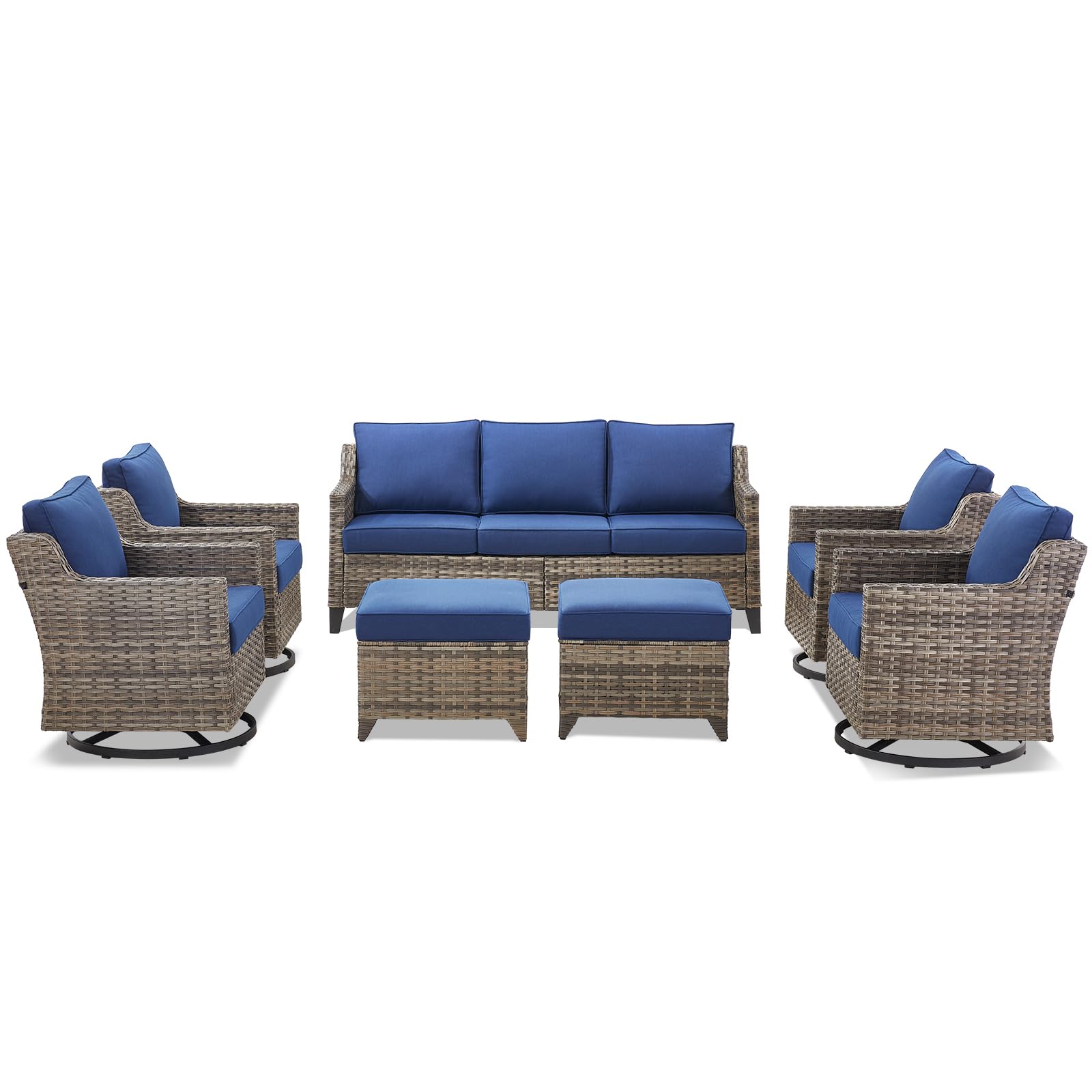 Outdoor Patio Furniture Set-7 Pieces All-Weather Wicker Outdoor Furniture with Swivel Patio Chairs Outdoor Patio Conversation Sets for Garden Porch Deck Grey/Blue