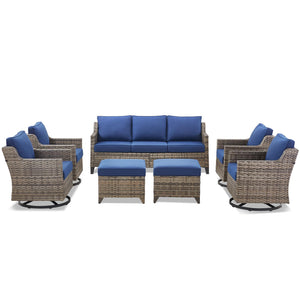 Outdoor Patio Furniture Set-7 Pieces All-Weather Wicker Outdoor Furniture with Swivel Patio Chairs Outdoor Patio Conversation Sets for Garden Porch Deck Grey/Blue