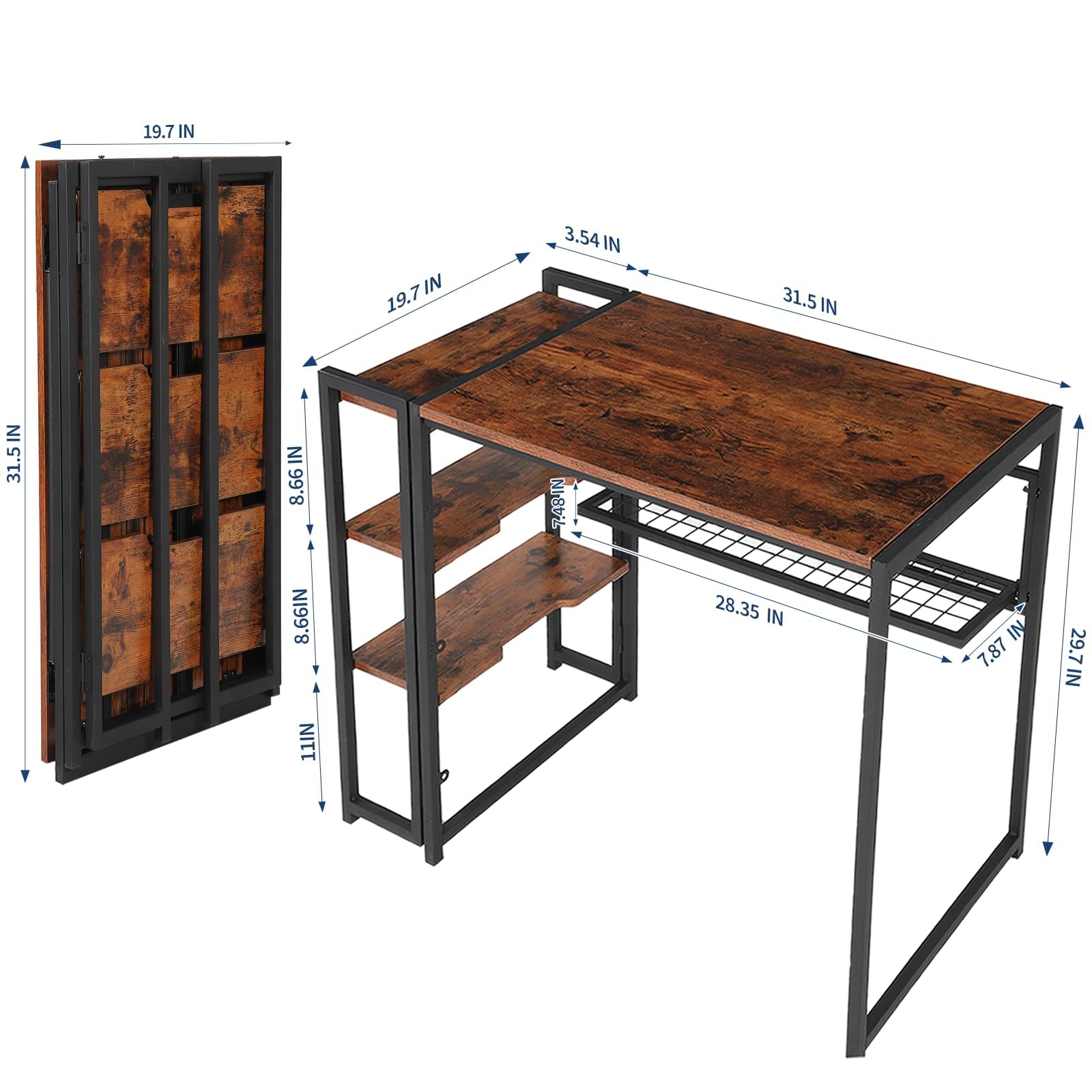 35 inch Folding Desk Writing Computer Desk with Storage Shelf,Spaces Saving Writing Sturdy Table No Assembly,for for Bedroom, Home Office, Dorm, Apartment, Brown