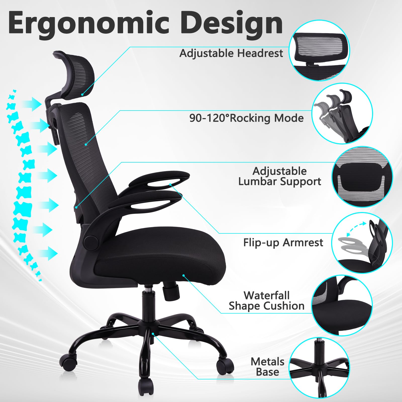 Heavy Duty Ergonomic Mesh Office Chair 400LBS, Big and Tall Desk Chair with Adjustable Lumbar Support & Headrest, Flip Up Padded Arms, Swivel Computer Chair for Home, Conference, Black, 6 PACK