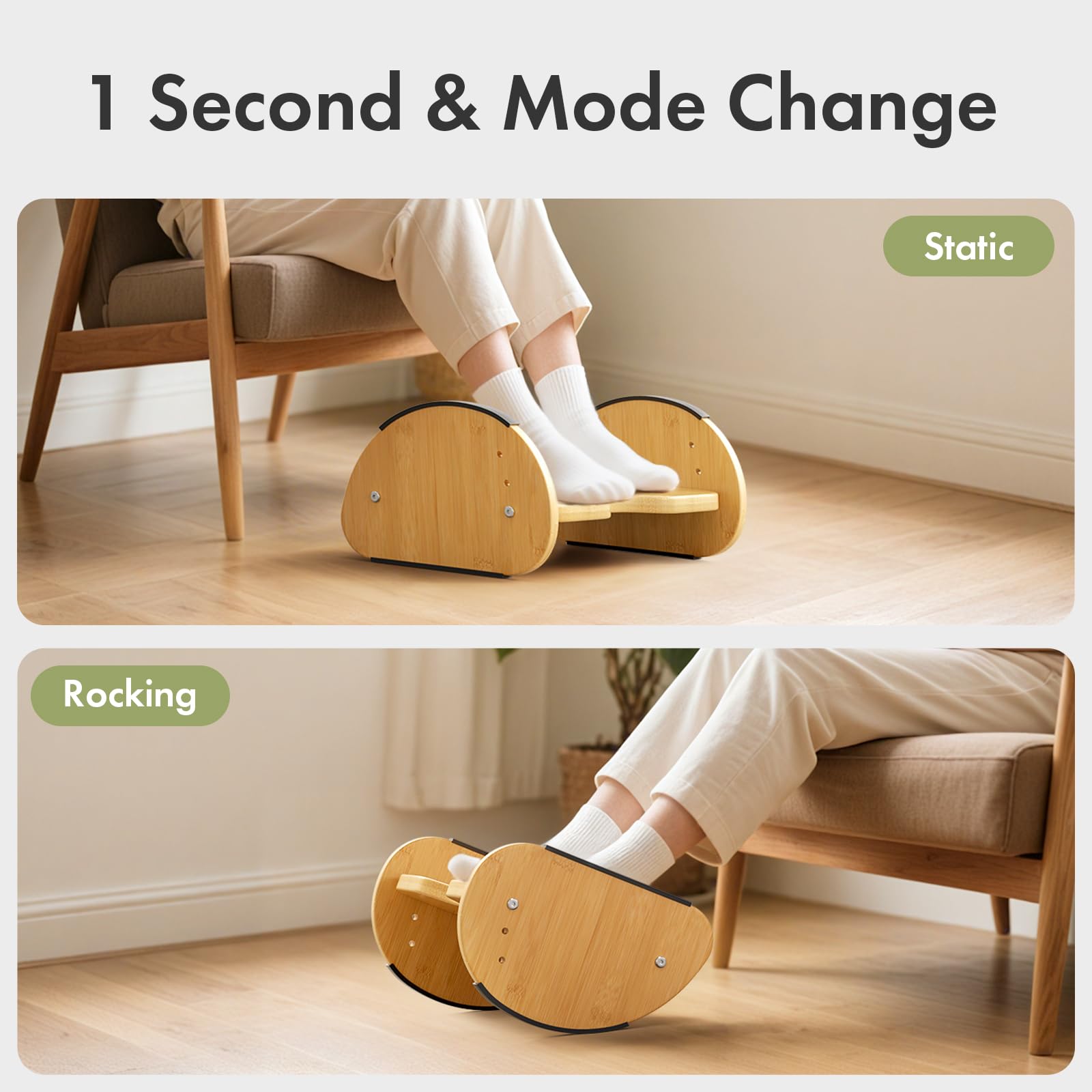 Bamboo Foot Rest for Under Desk at Work, 2-in-1 Reversible Rocking Footrest Adjustable Foot Stool, Ergonomic Footrest for Under Gaming Desk, Feet Support Leg Footstools for Home Office