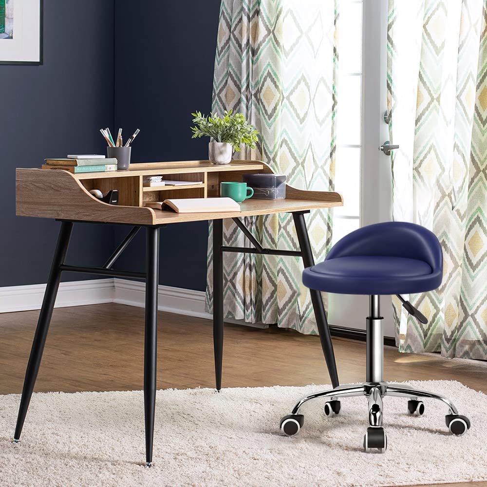 PU Leather Round Rolling Stool with Back Rest Height Adjustable Swivel Drafting Work SPA Task Chair with Wheels (Blue)