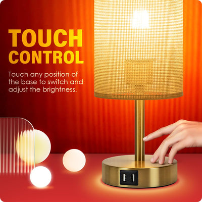 Bedside Lamp with USB Port - Touch Control Table Lamp for Bedroom Wood 3 Way Dimmable Nightstand Lamp with Round Flaxen Fabric Shade for Home Office (LED Bulb Included) (Y - NET)