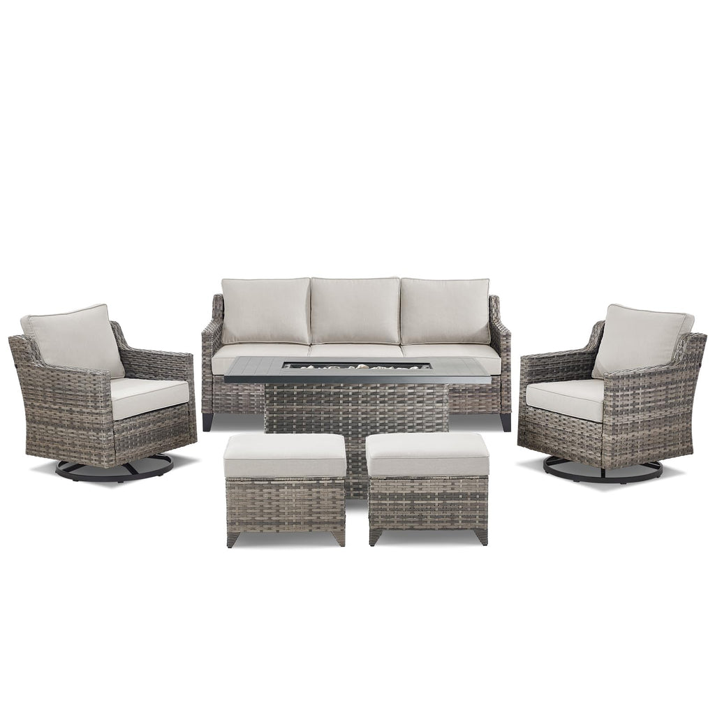 Patio Furniture Set with 42.5" Fire Pit Table-6 Pieces All Weather Wicker Outdoor Furniture with High Back Swivel Patio Chairs Set of 2 Outdoor Couch for Deck Balcony Backyard Beige/Gray