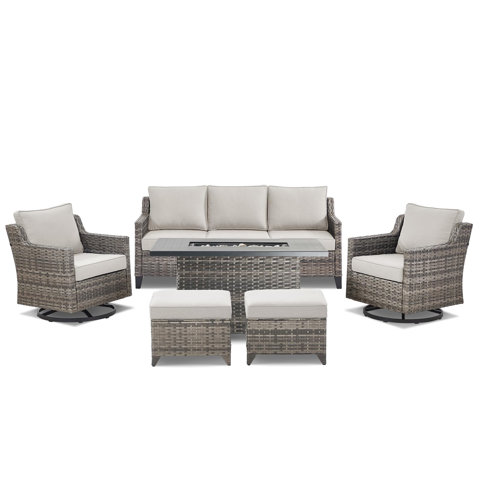 Patio Furniture Set with 42.5" Fire Pit Table-6 Pieces All Weather Wicker Outdoor Furniture with High Back Swivel Patio Chairs Set of 2 Outdoor Couch for Deck Balcony Backyard Beige/Gray