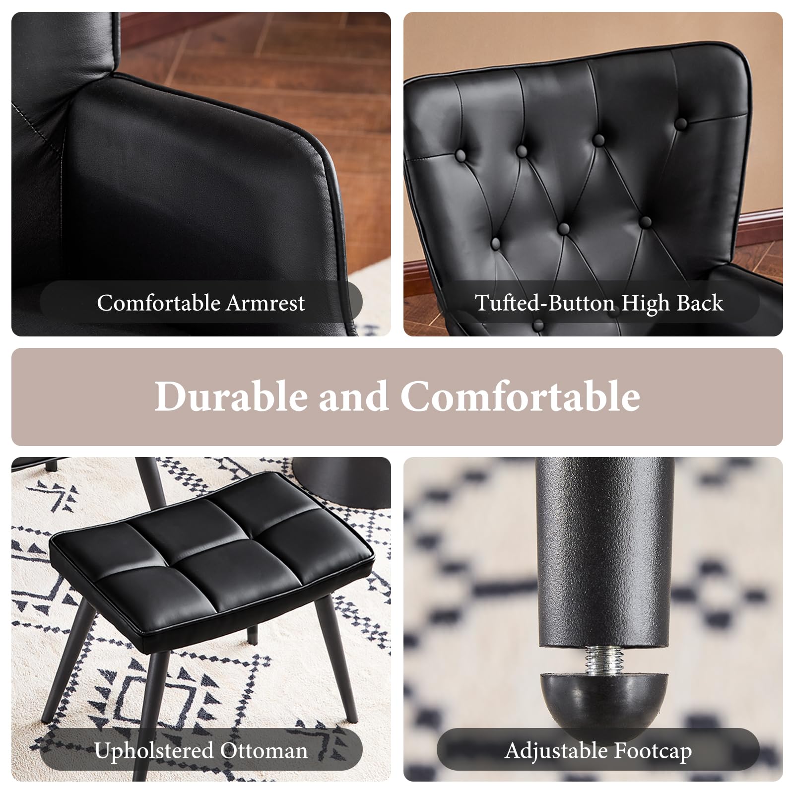 PU Leather Accent Chair with Ottoman, Upholstered Reading Chair with High Backrest, Tufted-Button Wingback Armchair for Bedroom, Dressing Room, Home Office, Black