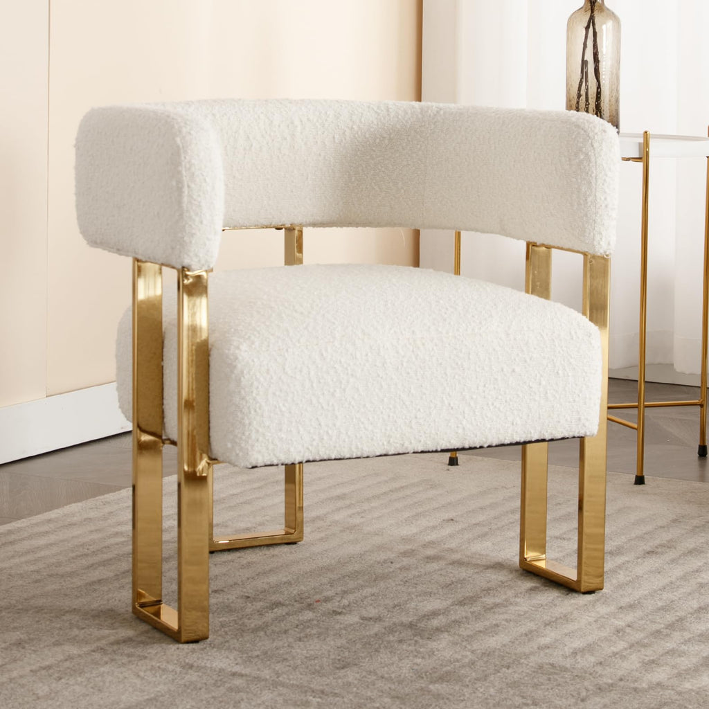 Modern Barrel Accent Chairs Set of 2, Boucle Fabric Living Room Chairs with Gold Metal Legs, Comfy Upholstered Single Sofa Armchair Side Chair for Lounge/Bedroom/Reading, White