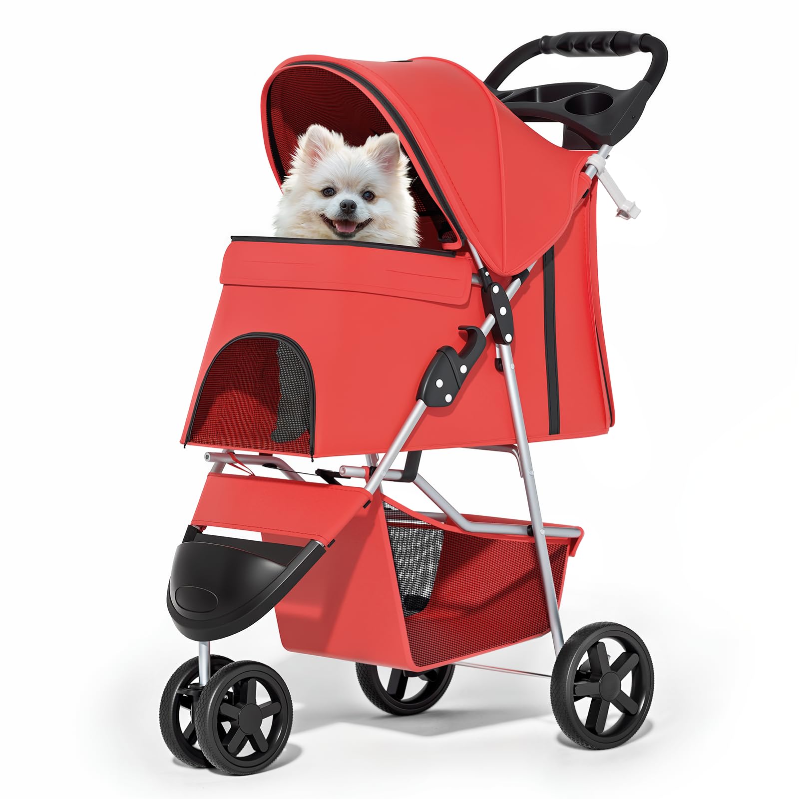 3 Wheels Pet Stroller, Foldable Puppy Cage Jogger Stroller with Weather Cover for All-Season, Storage Basket and Cup Holder, Breathable and Visible Mesh for Small/Medium Pets, Red