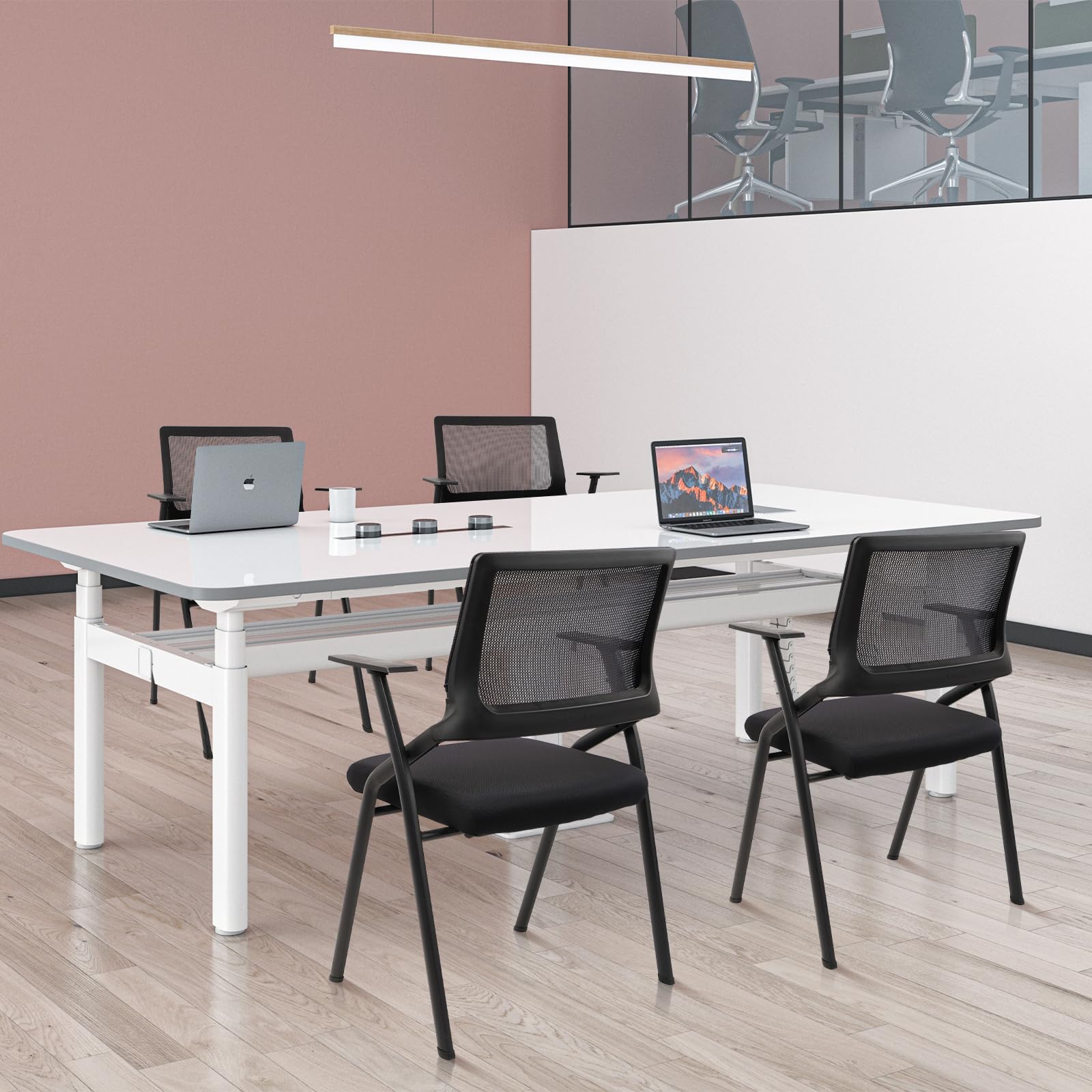 Black (2pk), Stackable & Foldable Office Chairs with Ergonomic Lumbar Support and Thickened Seat Cushion, Folding Mesh Fabric Reception Guest Chair for School Church Lobby Conference Room