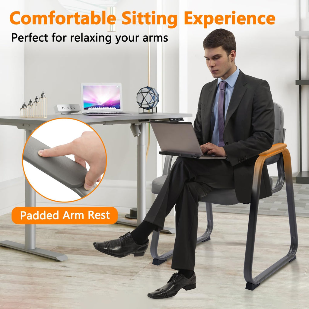 8 Pack, Waiting Room Guest Chair with Bonded Leather Padded Arm Rest for Office Reception and Conference Desk Black with Sled Base Grey