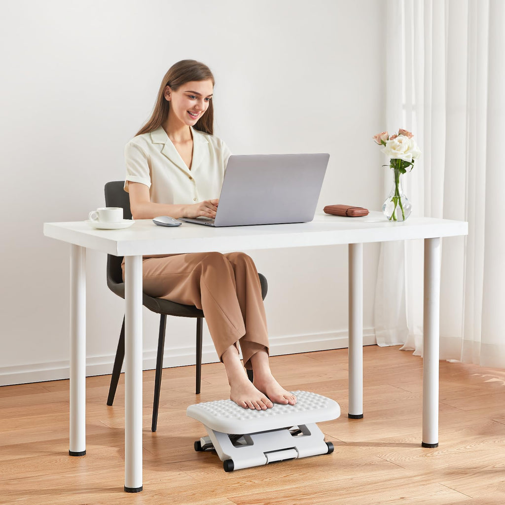 Adjustable Desk Footrest, Foot Rest for Under Desk at Work with Massage, Adjustable Foot Stool with 3 Height Position & 30 Degree Tilt Angle Adjustment for Home, Office, White