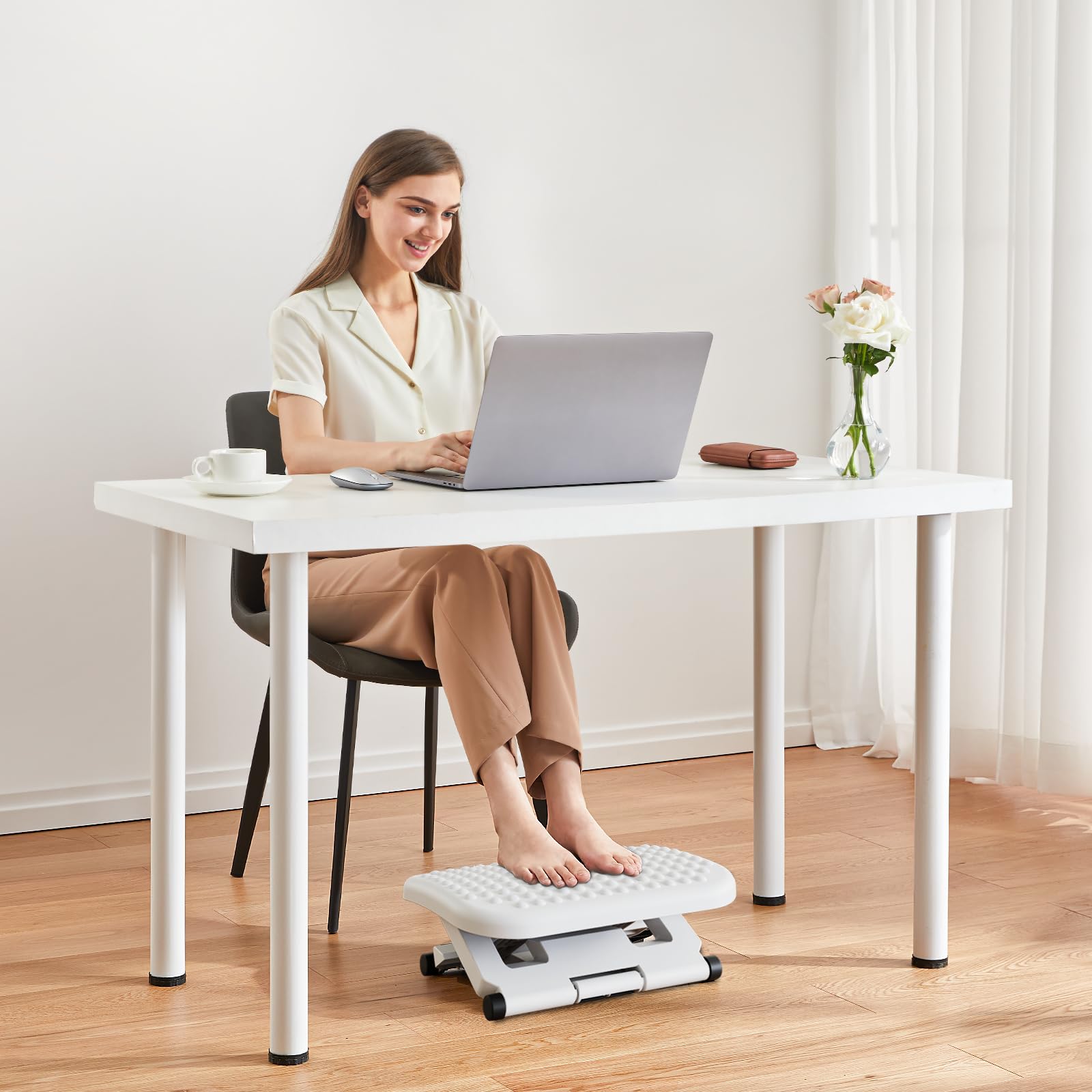 Adjustable Desk Footrest, Foot Rest for Under Desk at Work with Massage, Adjustable Foot Stool with 3 Height Position & 30 Degree Tilt Angle Adjustment for Home, Office, White