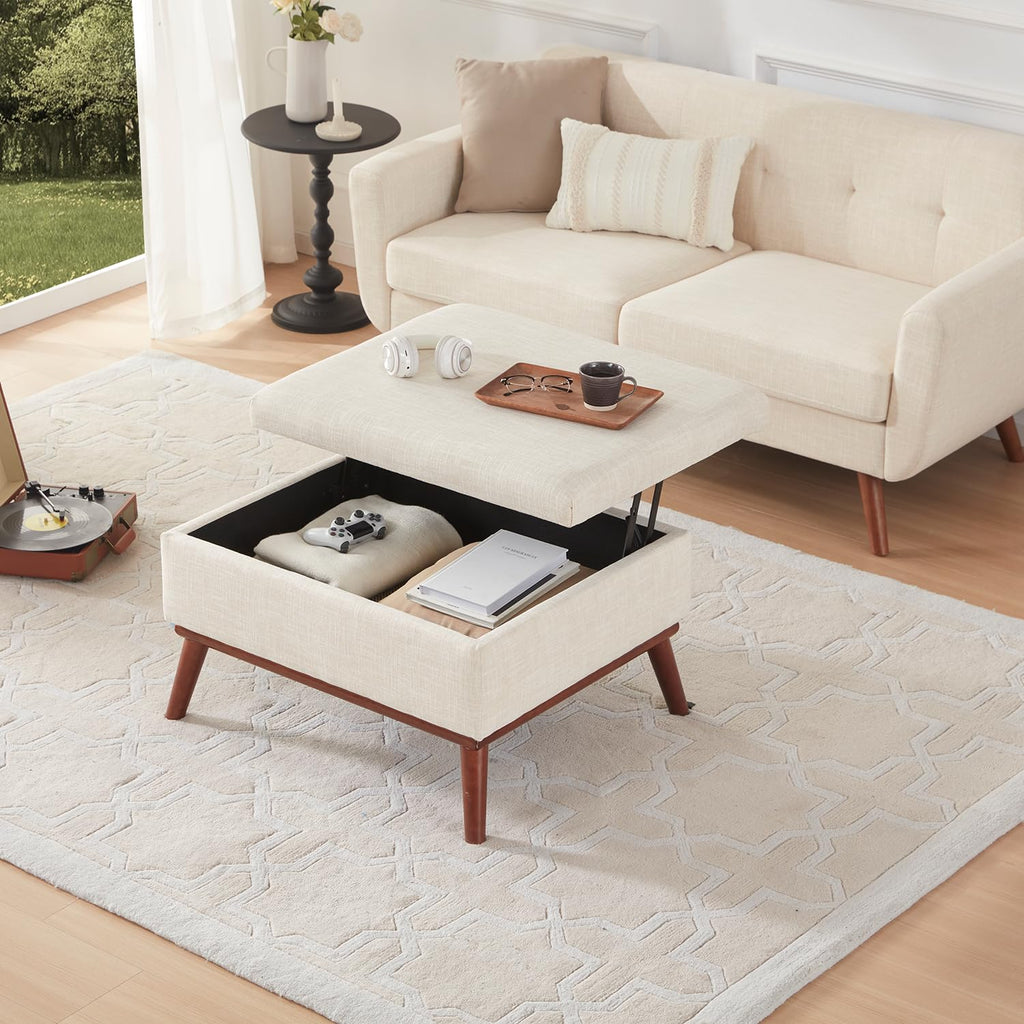65" W Loveseat Sofa with Ottoman Coffee Table, Mid Century Modern Decor Love Seat Couches and Ottoman with Storage for Living Room, Button Tufted Upholstered Love Seats Furniture Set, Beige