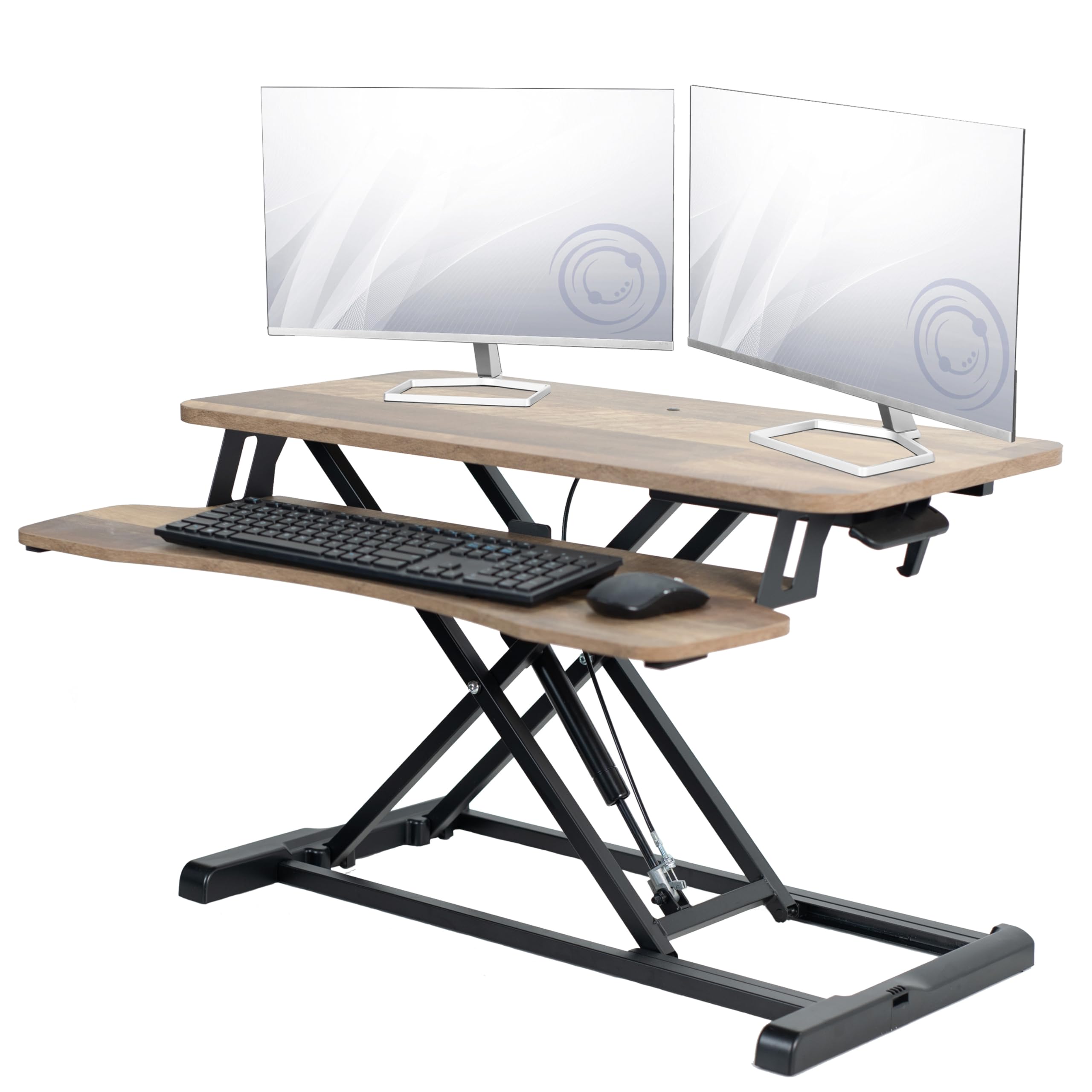 32 inch Desk Converter, K Series, Height Adjustable Sit to Stand Riser, Dual Monitor and Laptop Workstation with Wide Keyboard Tray, Reclaimed Wood Top, Black Frame, DESK-V000KP