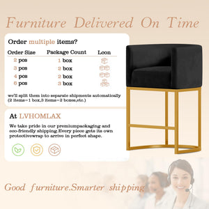 Modern Counter Height Bar Stools,Bar Stools Set of 3,Velvet Fabric Upholstered Barrel Barstools with Backs,24'' Kitchen Island Chairs,Metal Gold Frames,Ink Black Velvet
