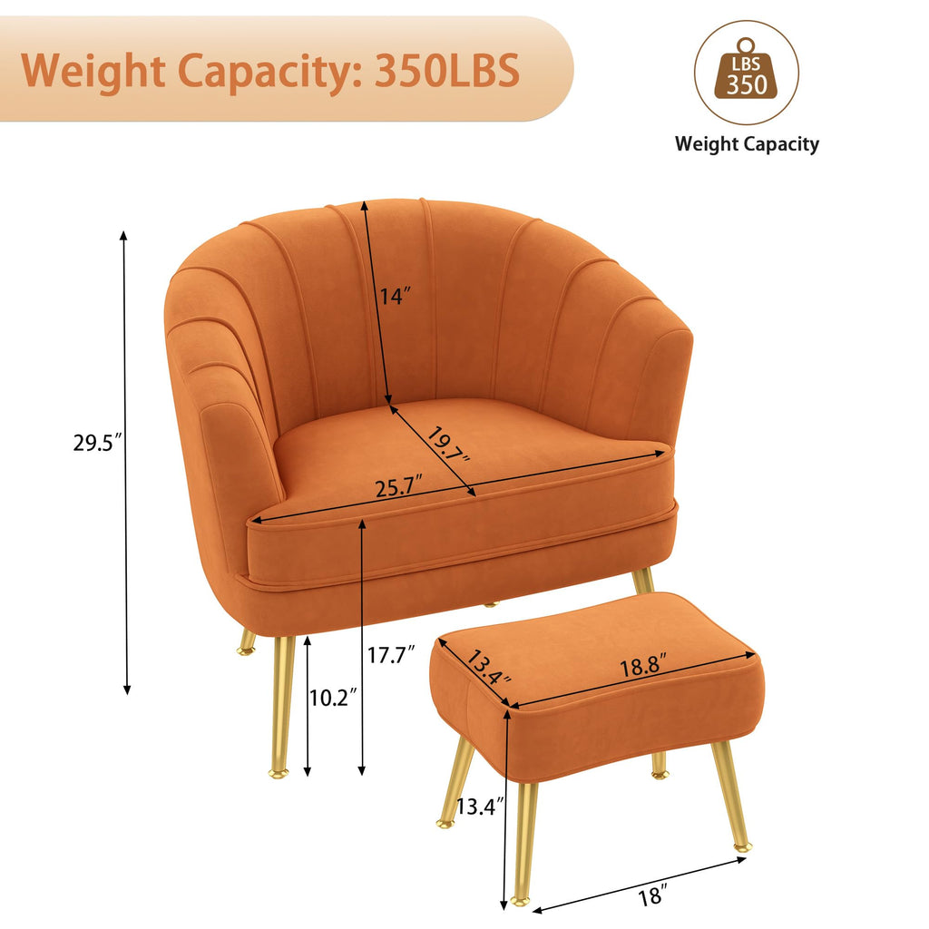 Velvet Accent Chair with Ottoman,Upholstered Modern Single Sofa Side Chair,Comfy Barrel Club Living Room Armchair with Golden Metal Legs for Bedroom Living Reading Room Office,Caramel Orange