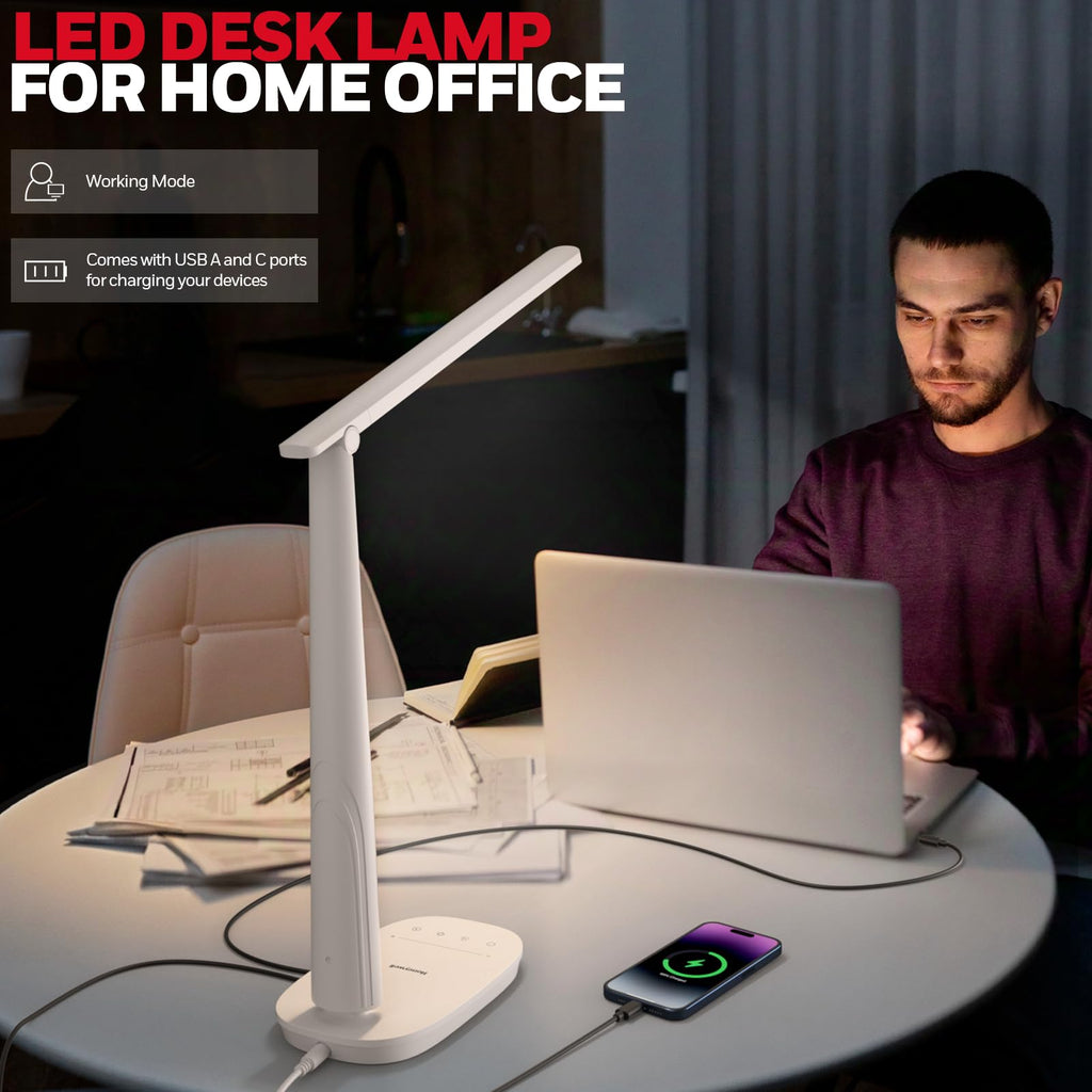 LED Desk Lamp for Home Office, Eye-Caring Light with 4 Color Modes & Touch Control, USB A+C Charging Ports, Adjustable Rotating Head with Timer for Reading, Bedroom & Small Desks