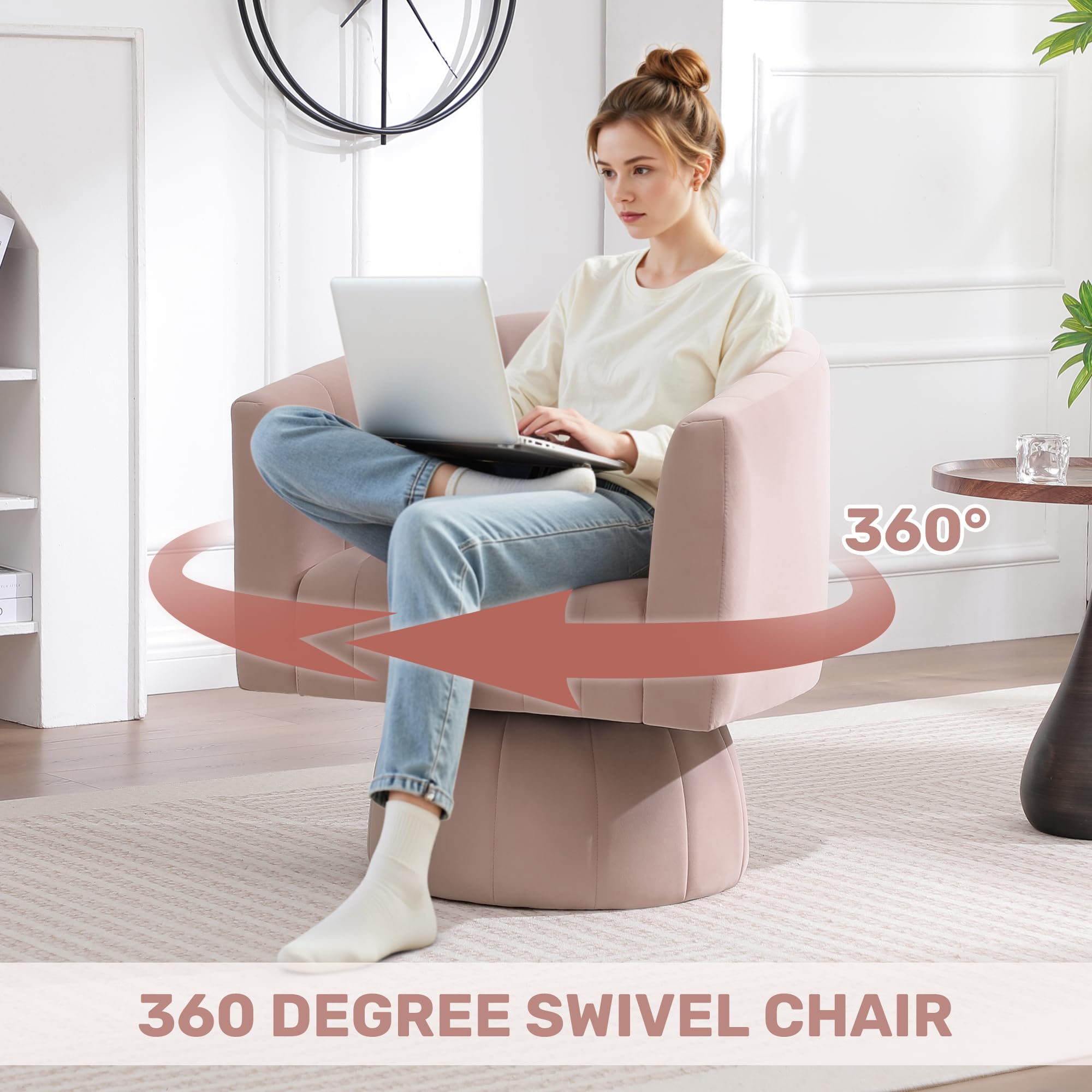Swivel Accent Barrel Chair Set of 2, Cute Comfy Small Round 360° Arm Chair, Velvet Sofa Club Reading Chair for Living Room Bedroom Office Pink
