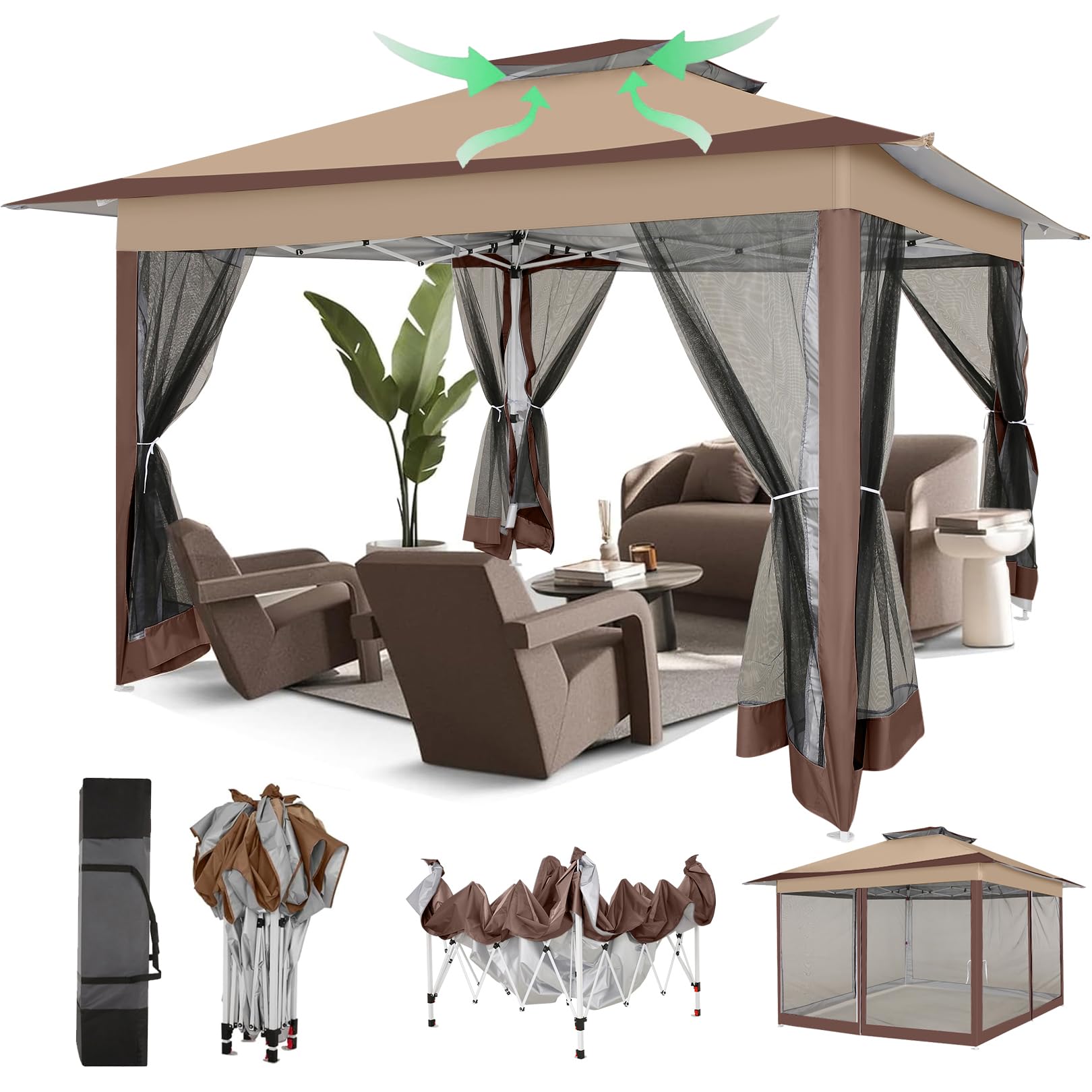 12x12 Pop Up Gazebo On Clearance Canopy Tent- Upgrade Metal Outdoor Canopy Waterproof - Portable Gazebo with Mosquito Nettings, 4 Ropes 8 Stakes and Carry Bag for Patio Garden(Coffee)