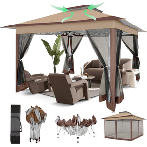 12x12 Pop Up Gazebo On Clearance Canopy Tent- Upgrade Metal Outdoor Canopy Waterproof - Portable Gazebo with Mosquito Nettings, 4 Ropes 8 Stakes and Carry Bag for Patio Garden(Coffee)