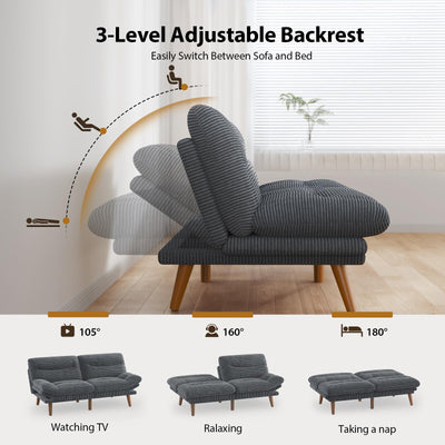 Sofa Bed, 66 Inch Corduroy Futon Couch Convertible with Adjustable Backrest and Armrests, Recliner Sleeper Sofa for Small Spaces, Living Room, Office, Guest Room (Grey, 66 Inch)