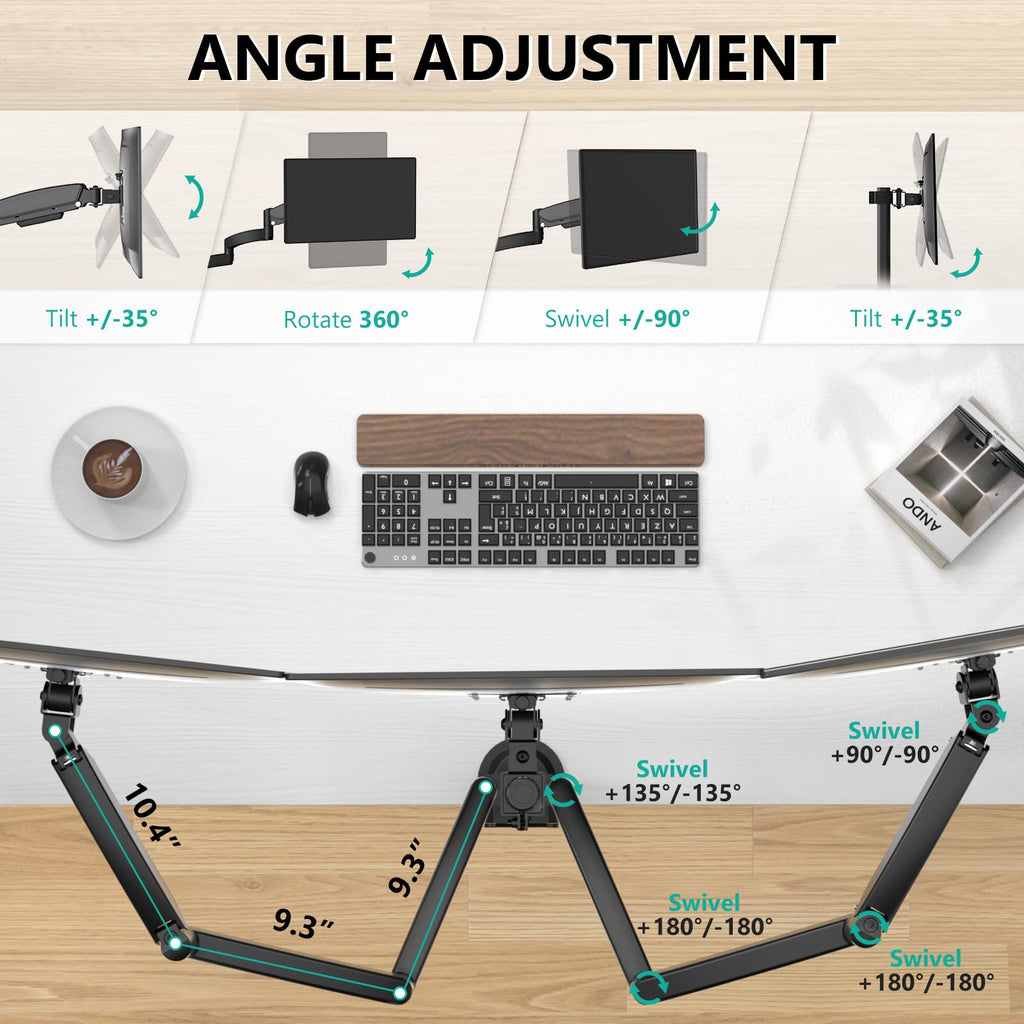 Triple Monitor Mount, 3 Monitor Desk Mount for Screens 13-33 Inch, Multiple Monitors Stand with Tilt, Swivel, Rotation, Mounting Holes 75/100 mm, Black