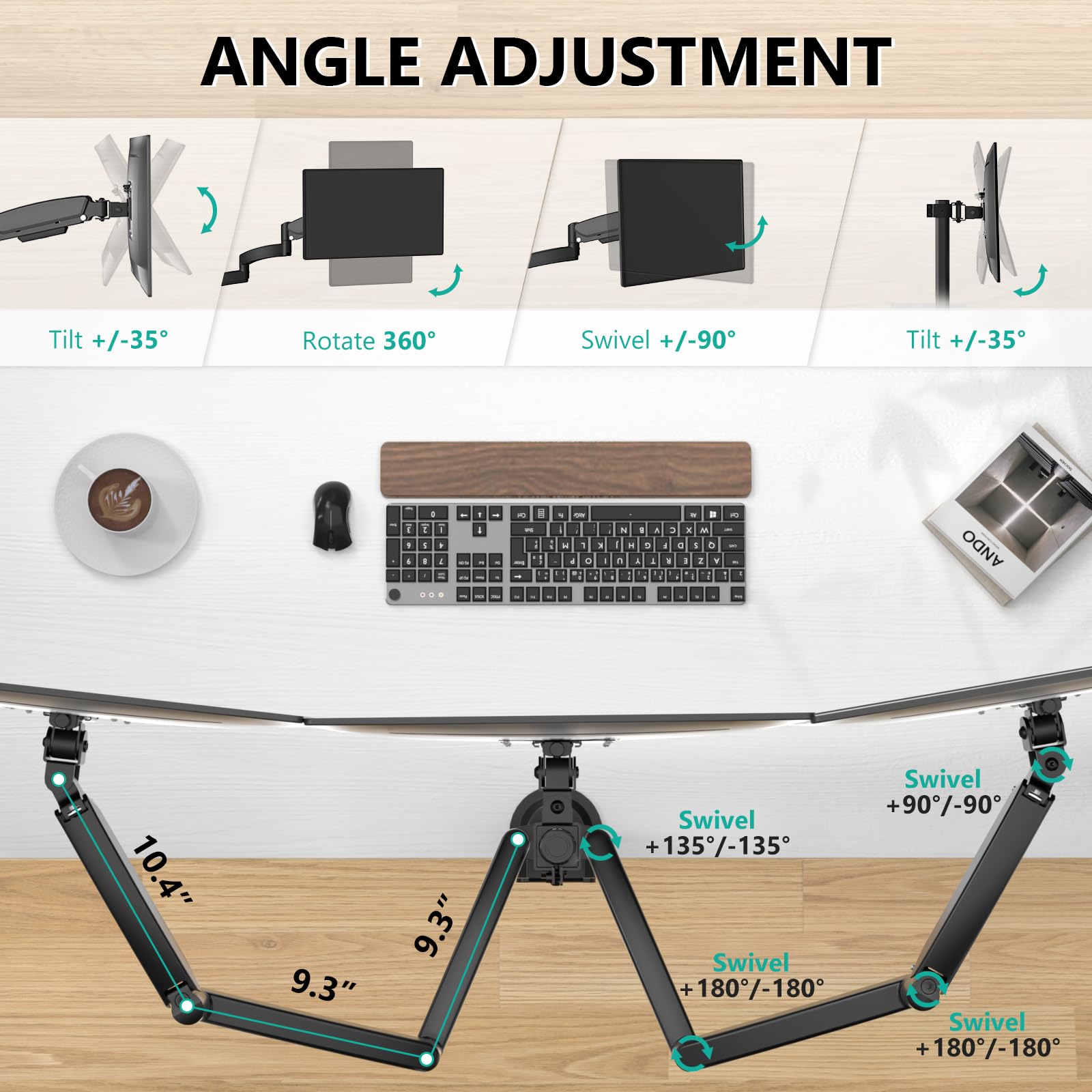 Triple Monitor Mount, 3 Monitor Desk Mount for Screens 13-33 Inch, Multiple Monitors Stand with Tilt, Swivel, Rotation, Mounting Holes 75/100 mm, Black