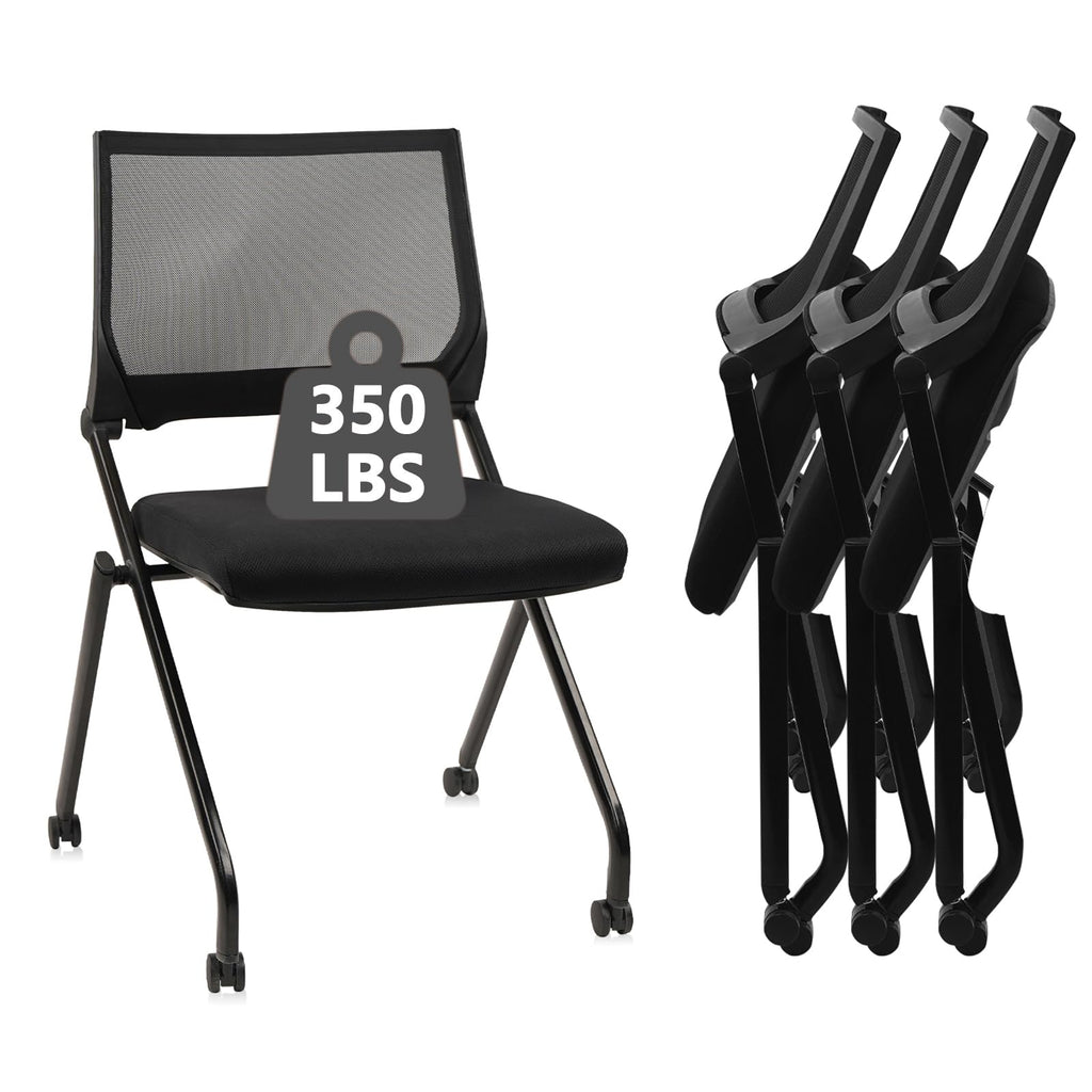 4PACK, Stackable & Foldable Chairs with Wheels, Reception Guest Chairs with Lumbar Support, Ergonomic Mesh Back Folding Chair for Office Schools Training Conference Waiting Room, Black