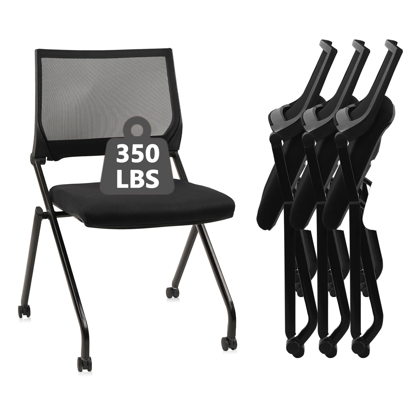 4PACK, Stackable & Foldable Chairs with Wheels, Reception Guest Chairs with Lumbar Support, Ergonomic Mesh Back Folding Chair for Office Schools Training Conference Waiting Room, Black