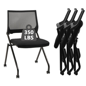 4PACK, Stackable & Foldable Chairs with Wheels, Reception Guest Chairs with Lumbar Support, Ergonomic Mesh Back Folding Chair for Office Schools Training Conference Waiting Room, Black