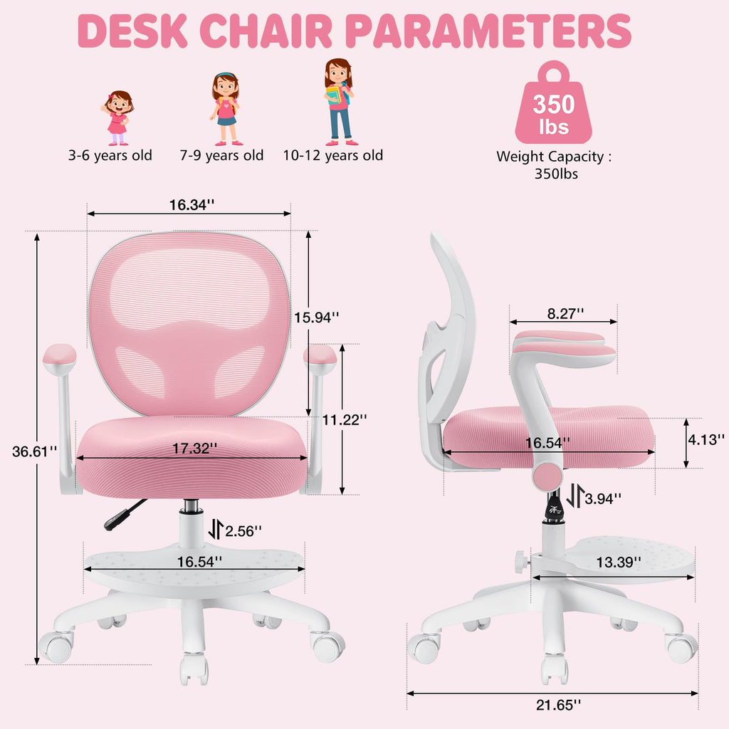 Kids Desk Chair Ergonomic Study Chair with Flipped Armrest and Footrest Adjustable Height Swivel Kids Computer Chair Mesh Desk Chair for Boys Girls Children at Home Bedroom Study Room Pink
