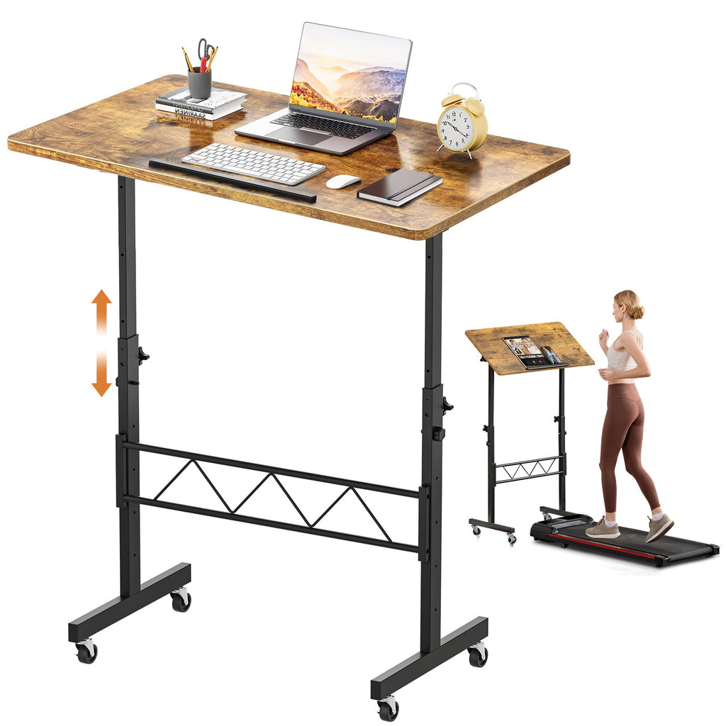 Standing Desk Adjustable Height & Tiltable Tabletop, Portable Stand Up Desk for Laptop, Mobile Folding Desk for Home Office Work and Walking Pad Treadmill, Height 30.7"-46.4", Brown